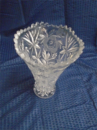 Vintage Flute Flared Heavy Lead Crystal Cut Glass Vase Etched Flower Rose | Ozzy's Antiques, Collectibles & More