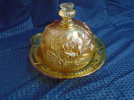 Vintage Marigold Carnival Glass Rose Butler Dish W/Dome Lid | Ozzy's Antiques, Collectibles & More