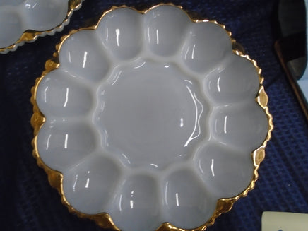 Vintage White Milk Glass Deviled Egg/Oyster Dish W/Gold Trim Edge | Ozzy's Antiques, Collectibles & More