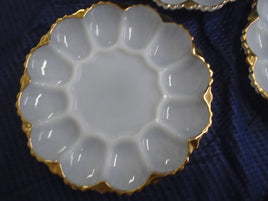 Vintage White Milk Glass Deviled Egg/Oyster Dish W/Gold Trim Edge | Ozzy's Antiques, Collectibles & More