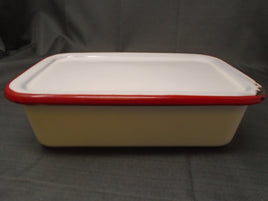 Vintage 1950's Enamelware Refrigerator Box with Lid ~ White with Red Trim | Ozzy's Antiques, Collectibles & More