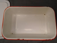 Vintage 1950's Enamelware Refrigerator Box with Lid ~ White with Red Trim | Ozzy's Antiques, Collectibles & More