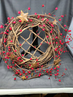 18" Grapevine Wreath  W/ Red Berries & Rusted Tin Stars | Ozzy's Antiques, Collectibles & More
