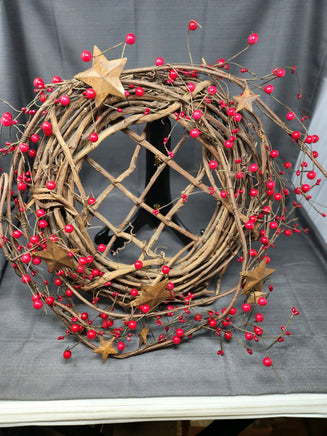 18" Grapevine Wreath  W/ Red Berries & Rusted Tin Stars | Ozzy's Antiques, Collectibles & More