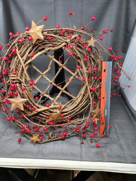 18" Grapevine Wreath  W/ Red Berries & Rusted Tin Stars