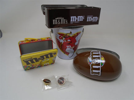 M & M Collection Of  4 Tins & 2 Pins | Ozzy's Antiques, Collectibles & More