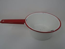 Vintage Enamel Saucepan White Trimmed in Red with a Red Handle | Ozzy's Antiques, Collectibles & More